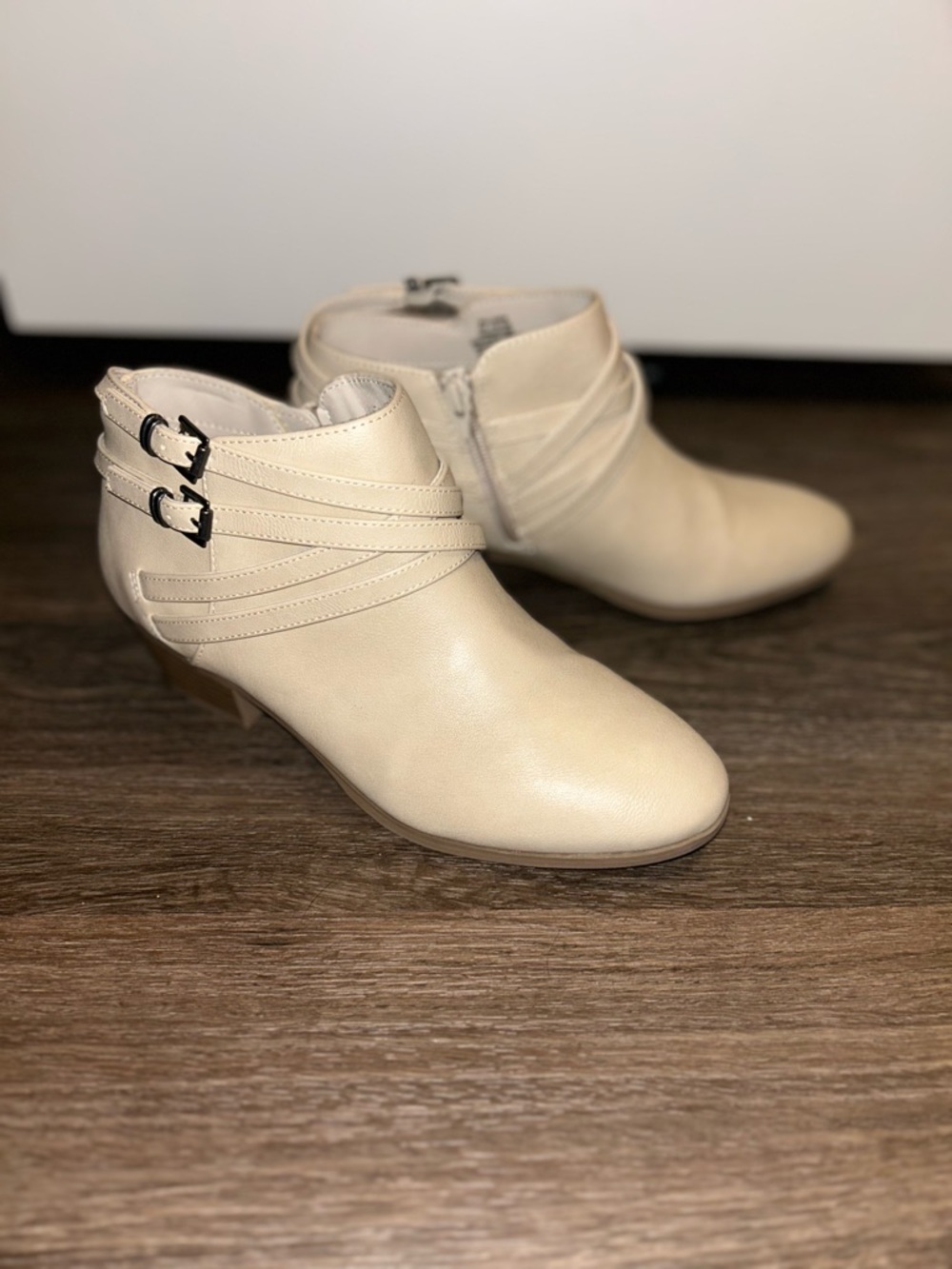 Women’s Cream Ankle Booties with Double Buckle Straps